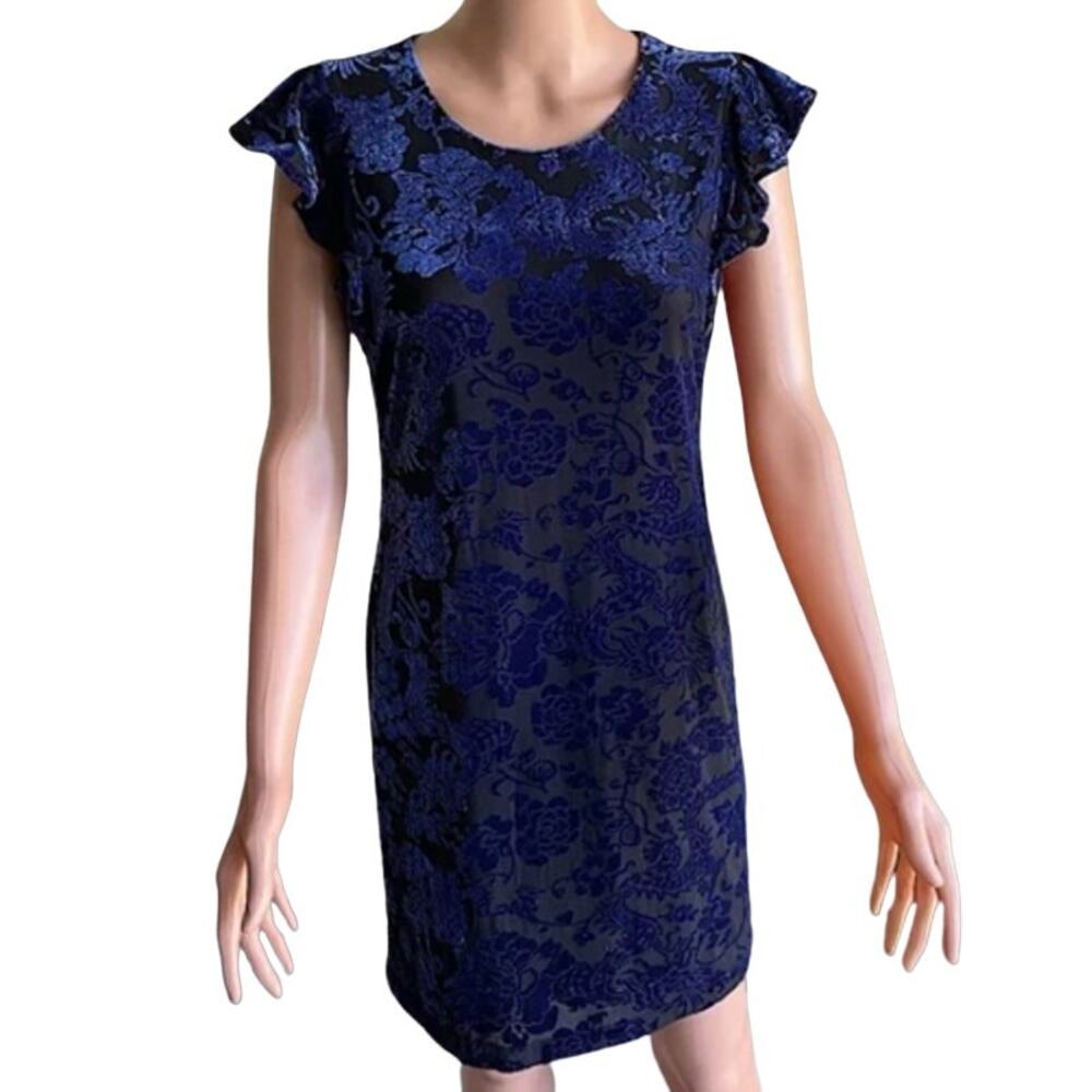 Adrienne Vittadini Blue Black Velvet Floral Black Sheer Cap Sleeve Shift Dress S